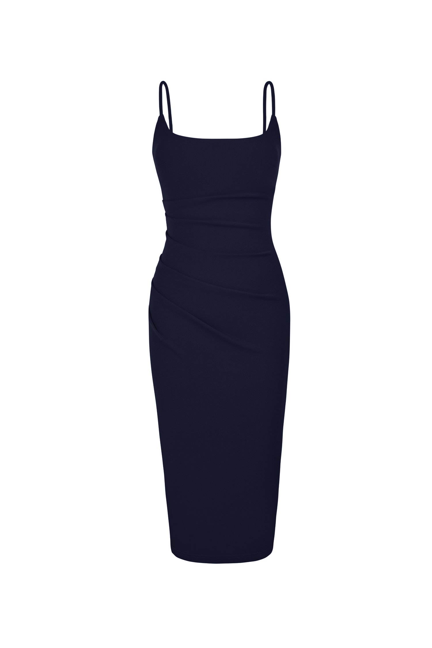 Clea Strappy wide U-neck Padded Ruched Dress in Navy Blue