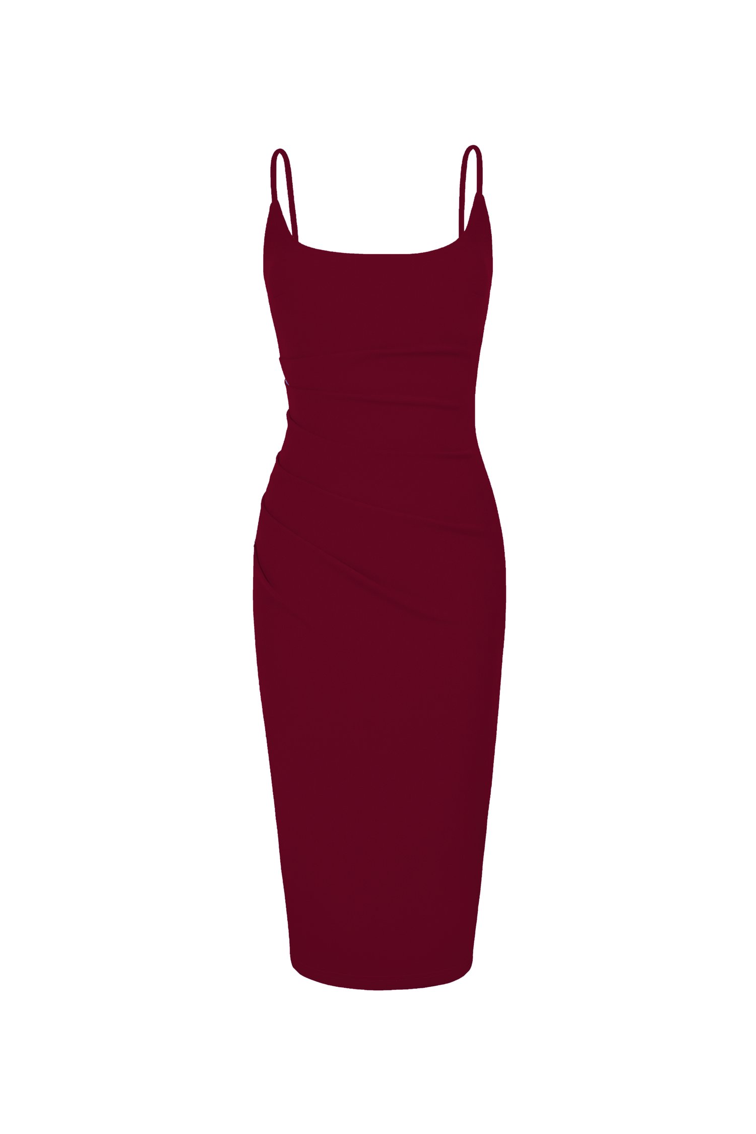 Clea Strappy wide U-neck Padded Ruched Dress in Wine Red
