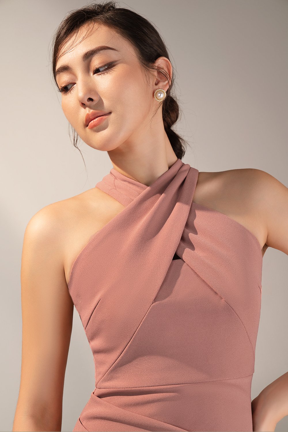 Janelle Crossover Halter Dress in Dusty Rose