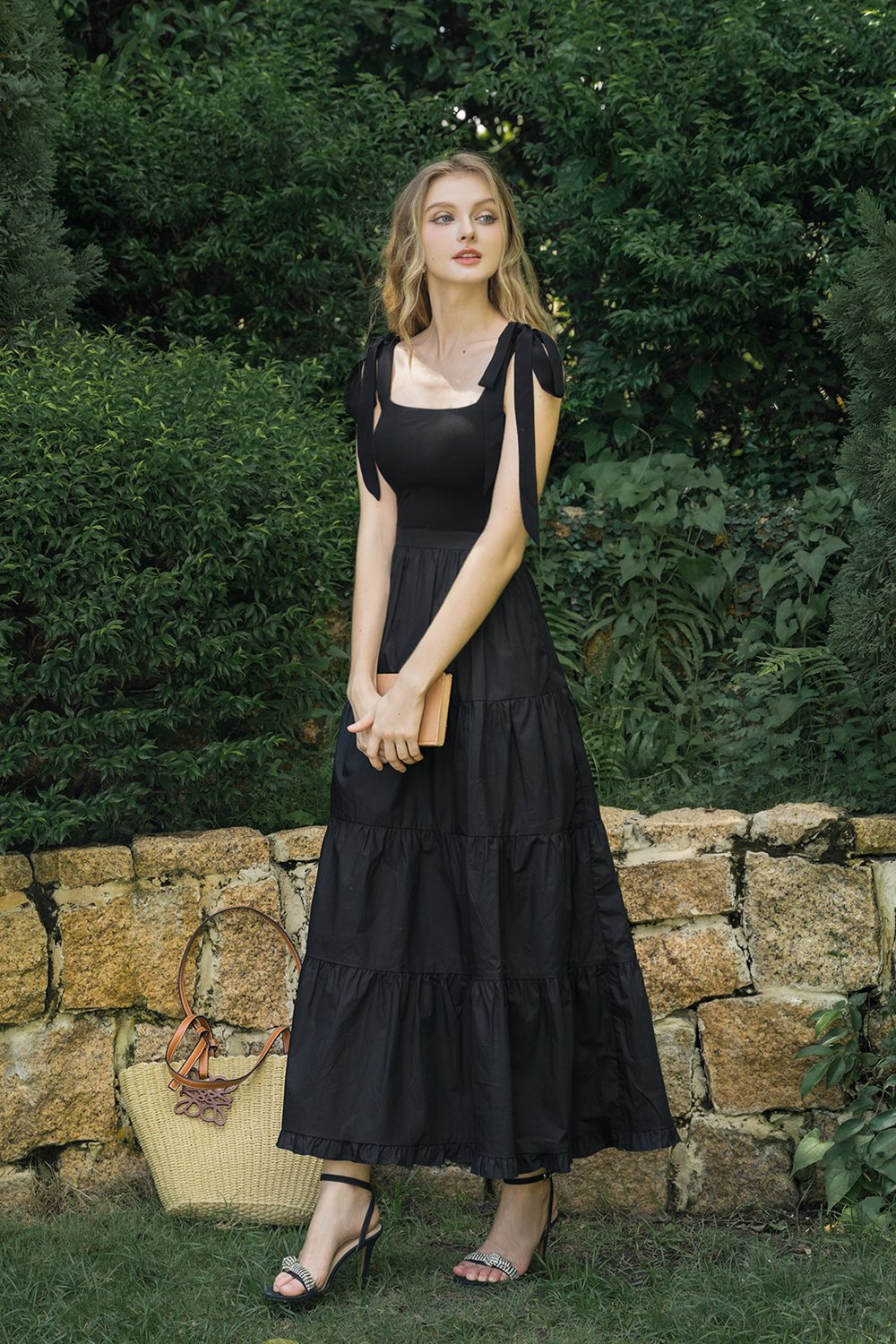 Juliette Padded Ribbon Straps Tiered Maxi Dress in Classic Black