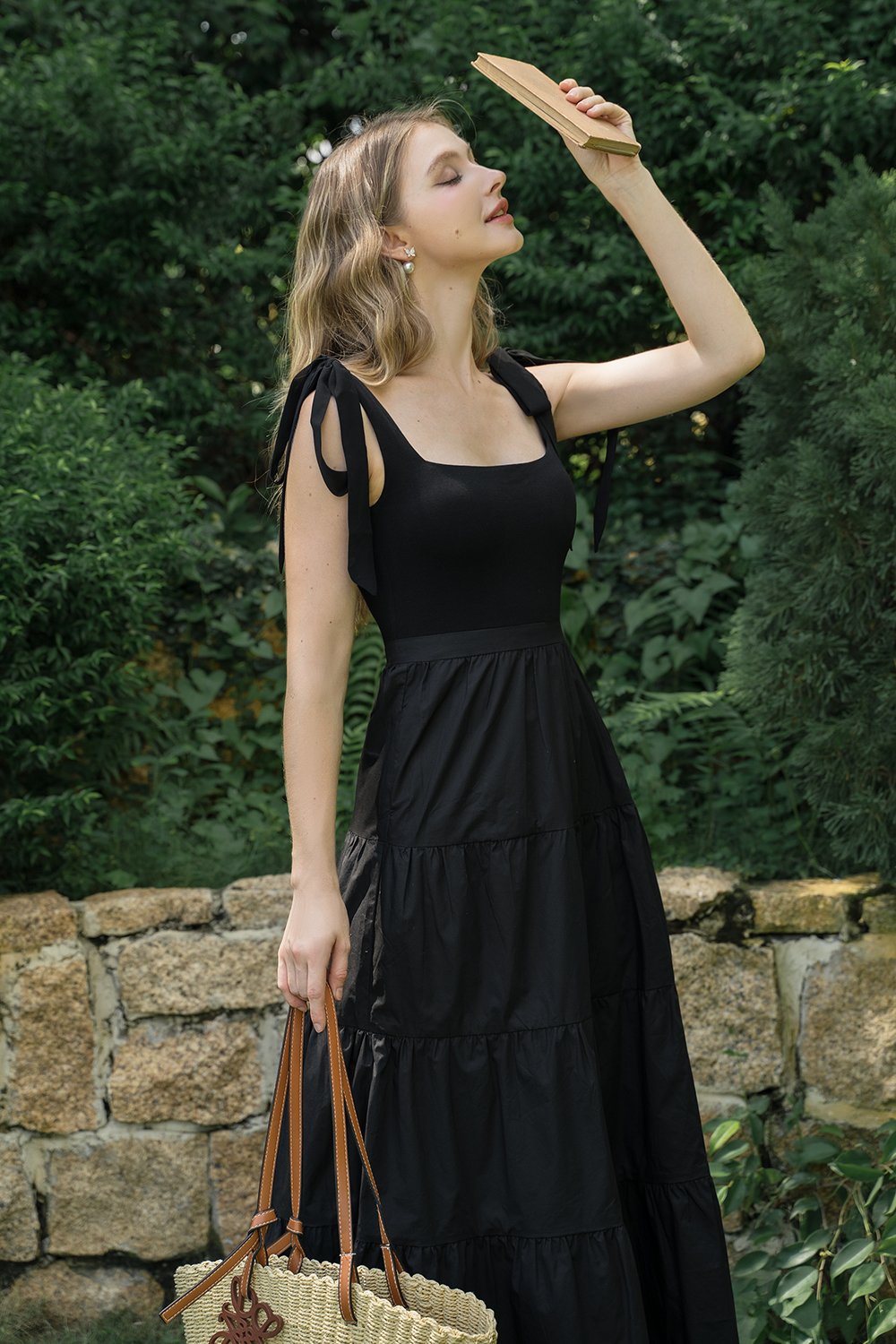 Juliette Padded Ribbon Straps Tiered Maxi Dress in Classic Black