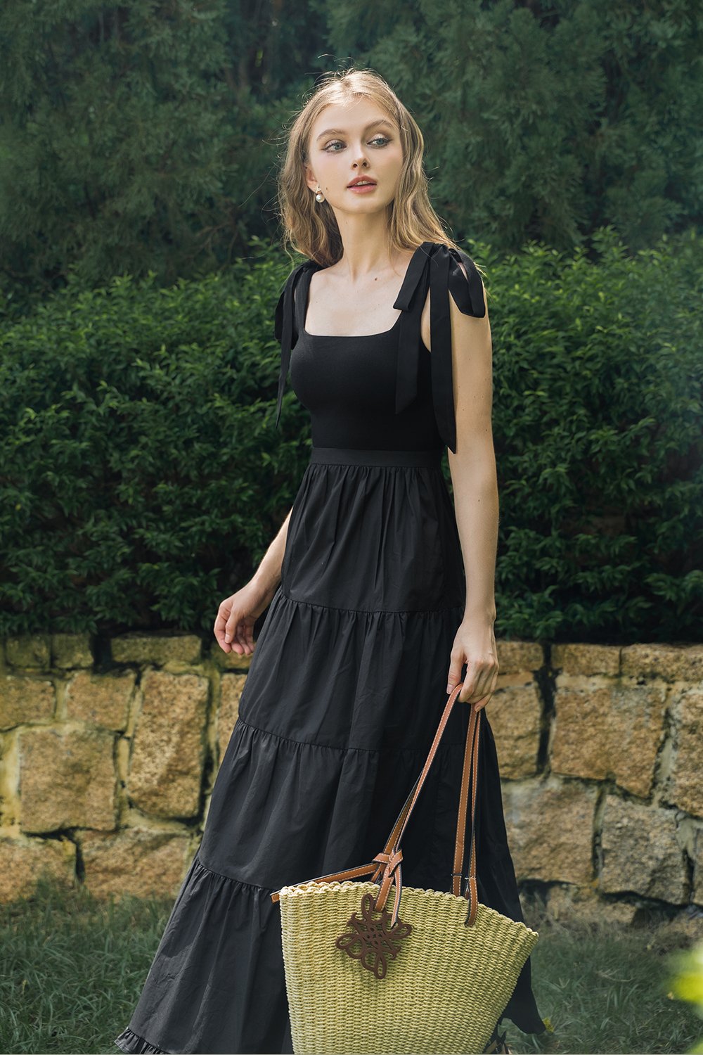 Juliette Padded Ribbon Straps Tiered Maxi Dress in Classic Black