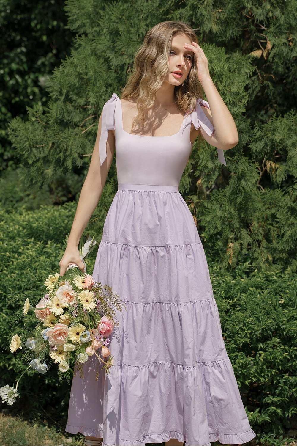 Juliette Padded Ribbon Straps Tiered Maxi Dress in French Lilac