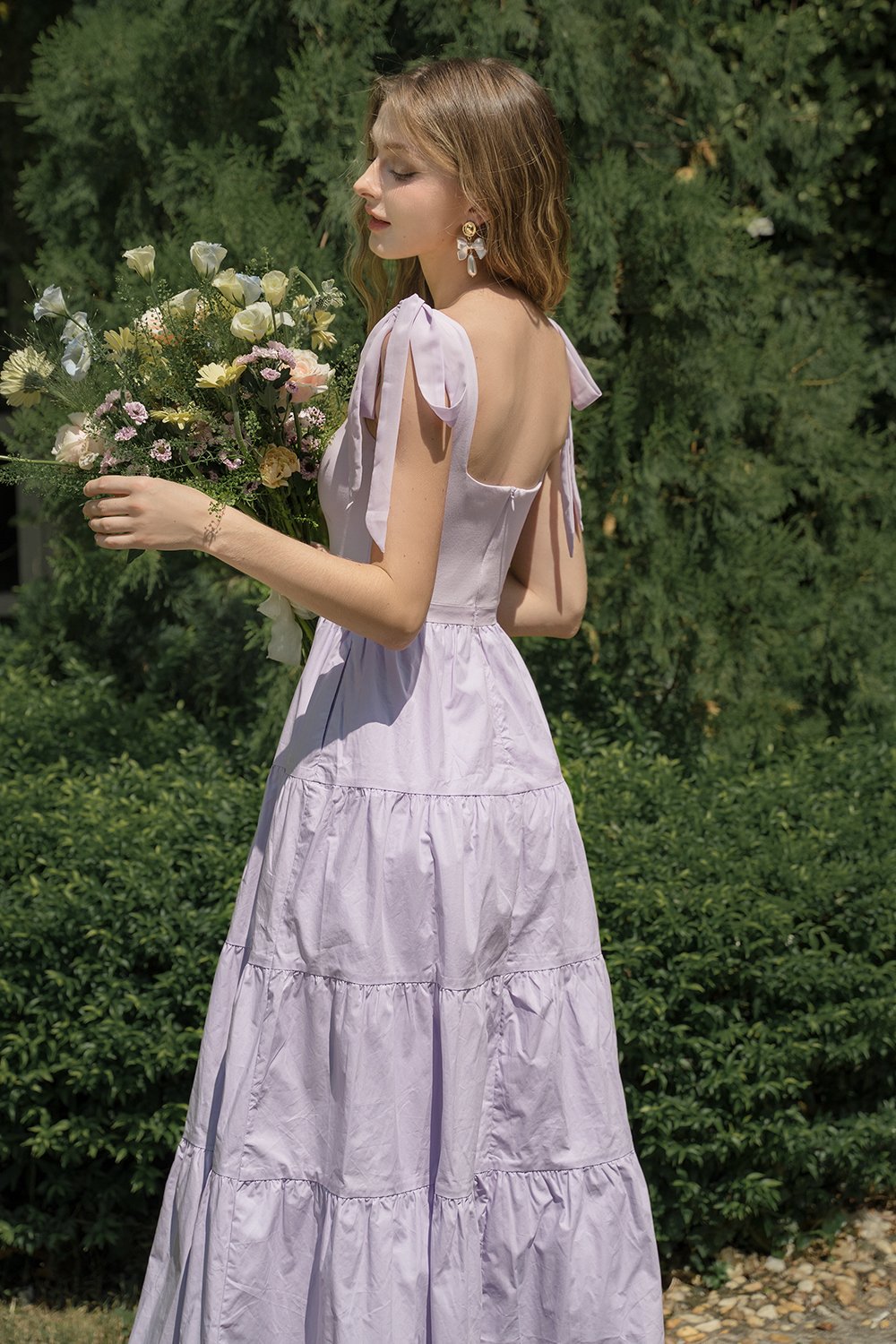 Juliette Padded Ribbon Straps Tiered Maxi Dress in French Lilac
