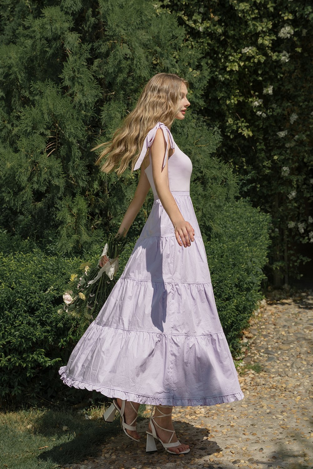 Juliette Padded Ribbon Straps Tiered Maxi Dress in French Lilac