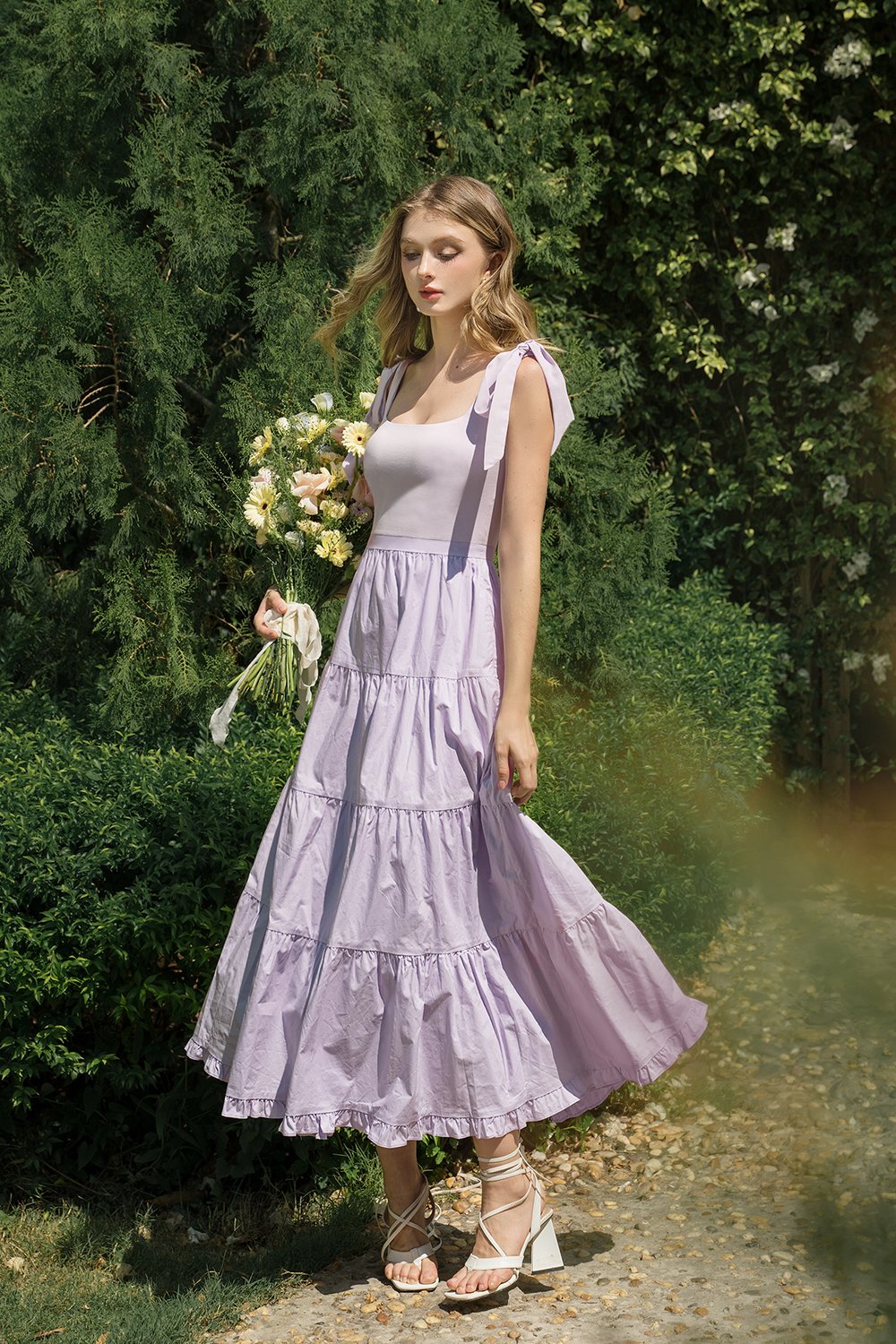Juliette Padded Ribbon Straps Tiered Maxi Dress in French Lilac