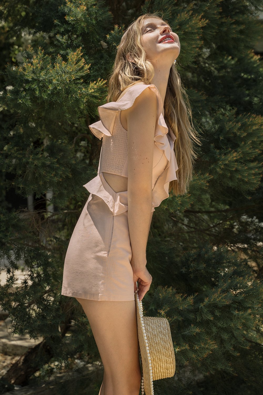 Monique Padded V-Neck Ruffle Cut-Out Romper in Buttercream