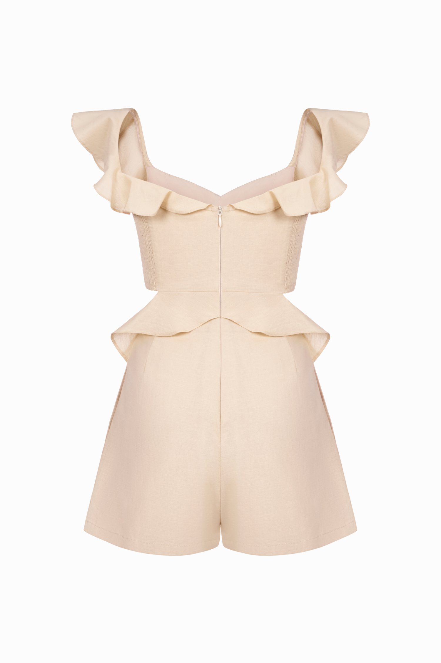 Monique Padded V-Neck Ruffle Cut-Out Romper in Buttercream