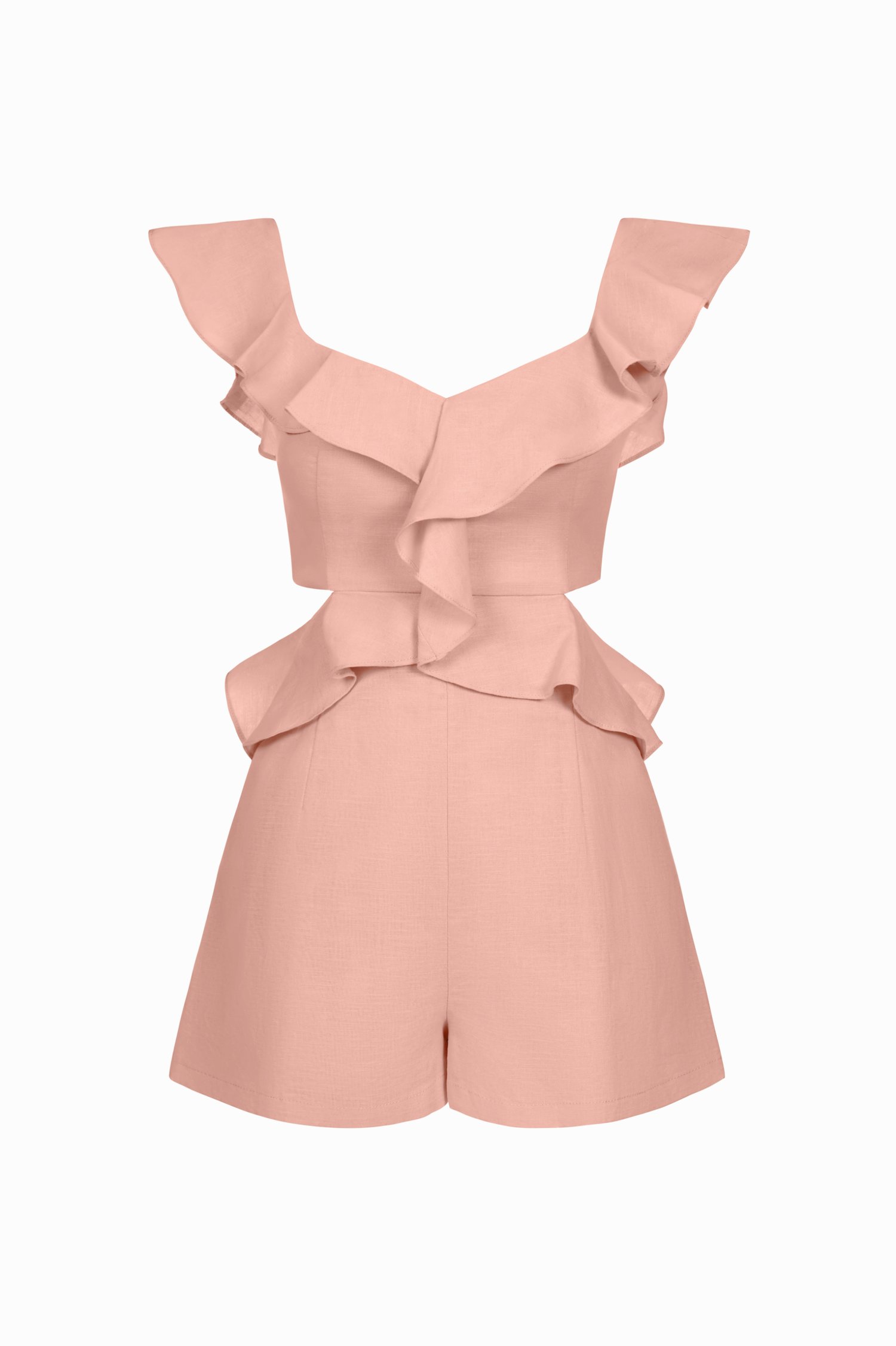Monique Padded V-Neck Ruffle Cut-Out Romper in Monticello Peach