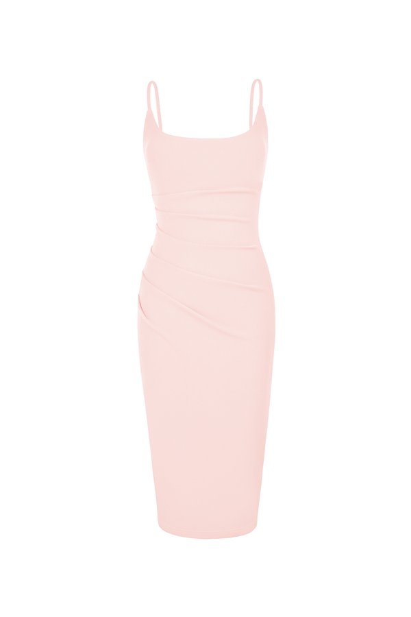 Clea Strappy wide U-neck Padded Ruched Dress in Blush Pink