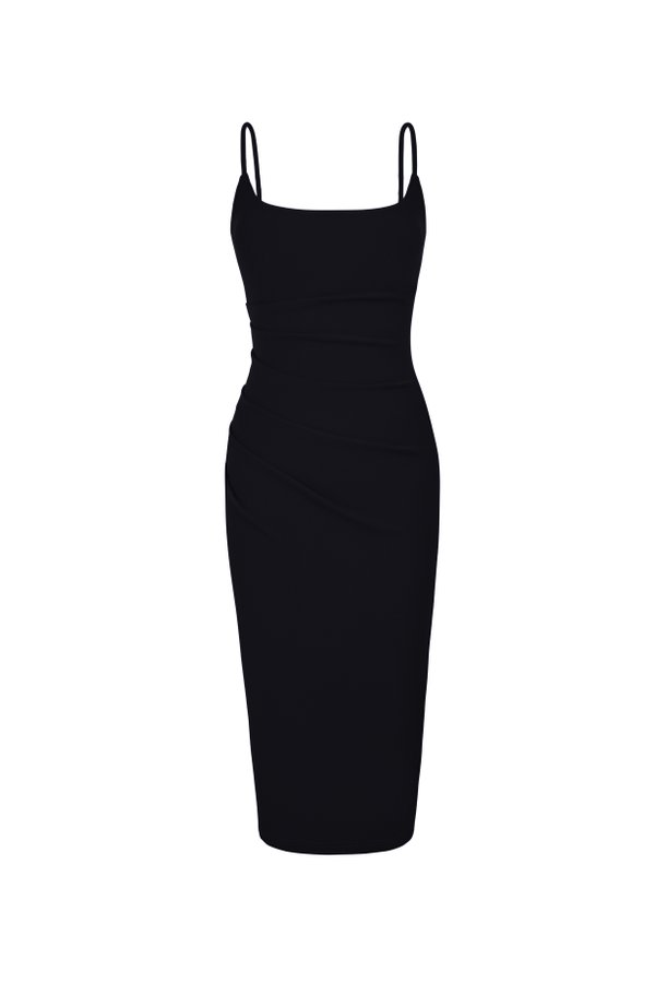 Clea Strappy wide U-neck Padded Ruched Dress in Classic Black