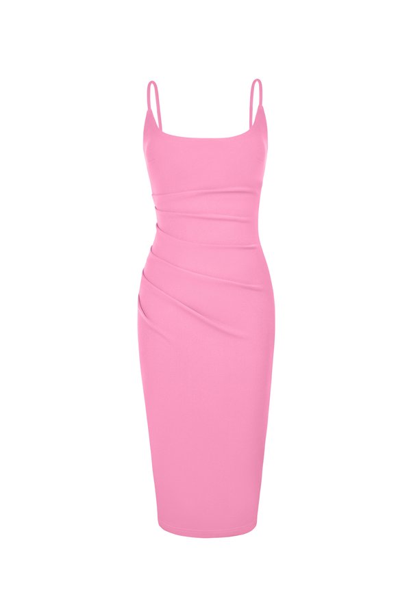 Clea Strappy wide U-neck Padded Ruched Dress in Candy Pink