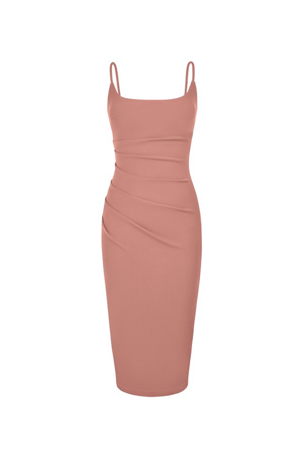 Clea Strappy wide U-neck Padded Ruched Dress in Dusty Rose