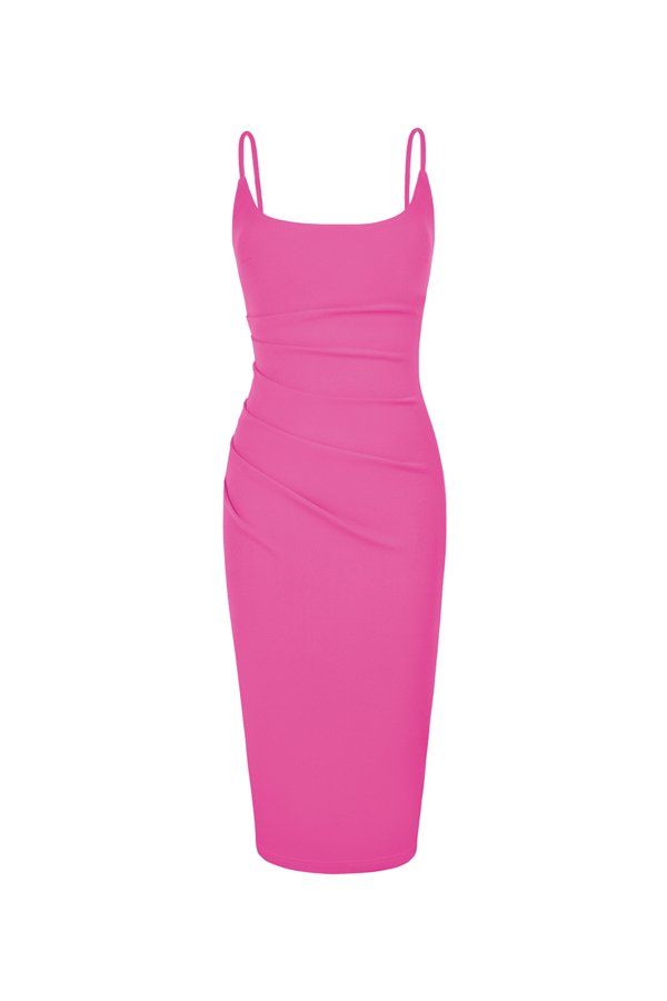 Clea Strappy wide U-neck Padded Ruched Dress in Hot Pink