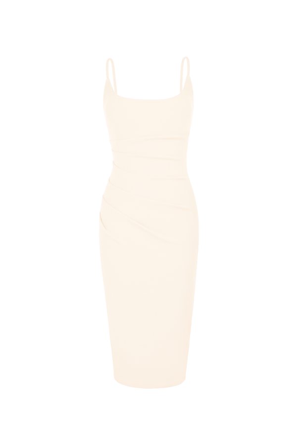 Clea Strappy wide U-neck Padded Ruched Dress in Ivory