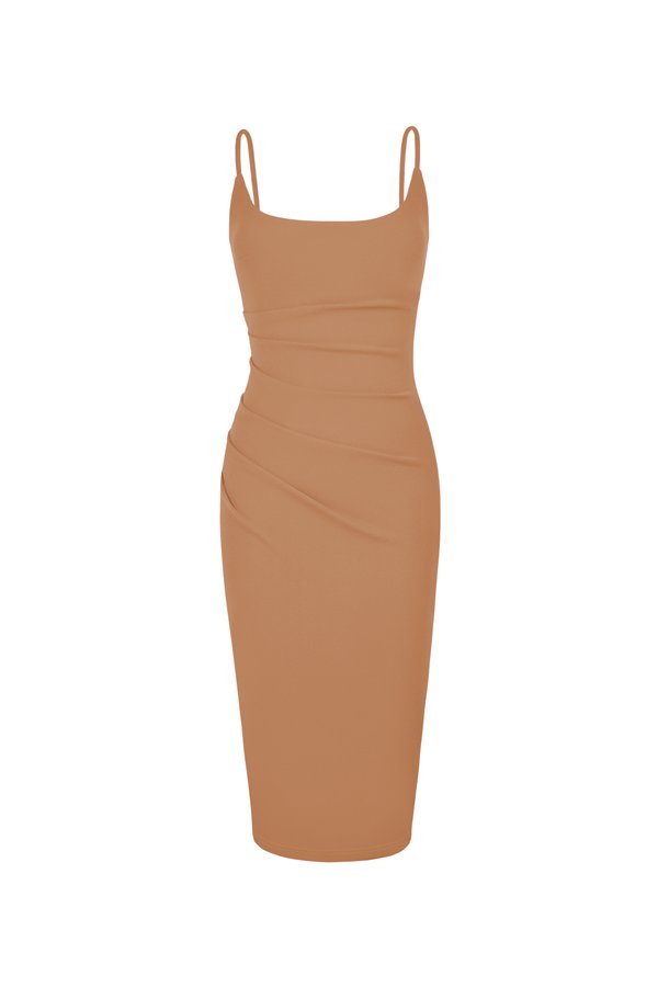 Clea Strappy wide U-neck Padded Ruched Dress in Latte