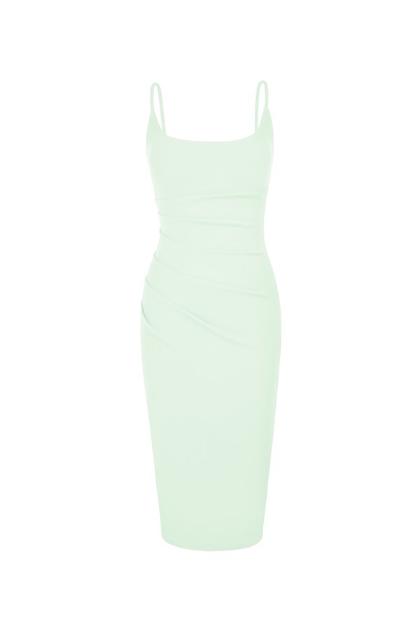 Clea Strappy wide U-neck Padded Ruched Dress in Mint Green