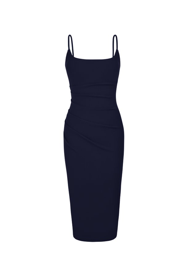 Clea Strappy wide U-neck Padded Ruched Dress in Navy Blue