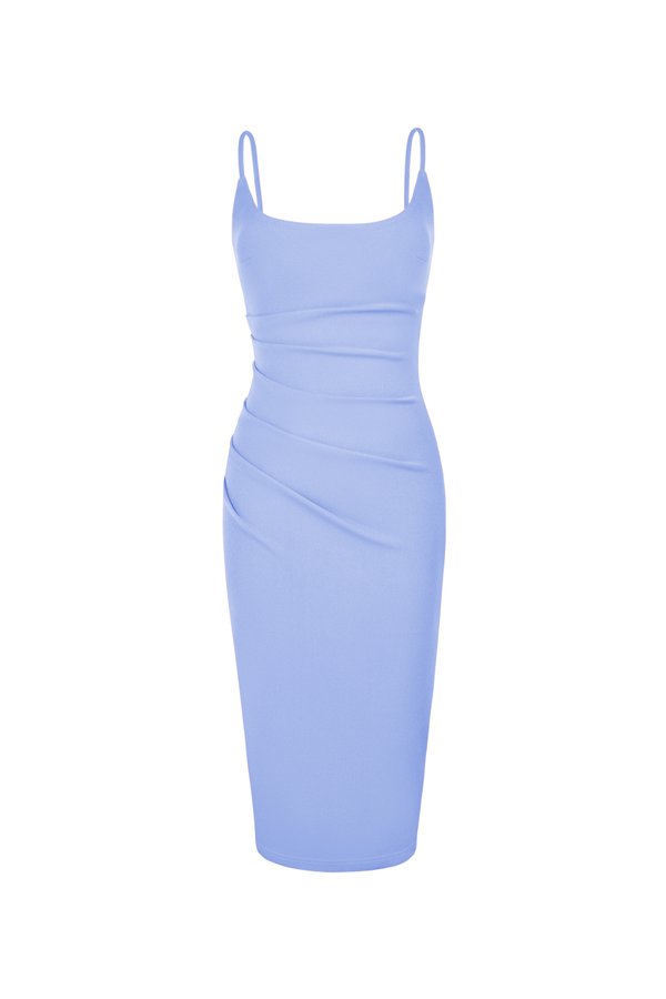 Clea Strappy wide U-neck Padded Ruched Dress in Periwinkle Blue