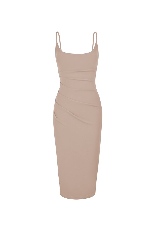 Clea Strappy wide U-neck Padded Ruched Dress in Stone
