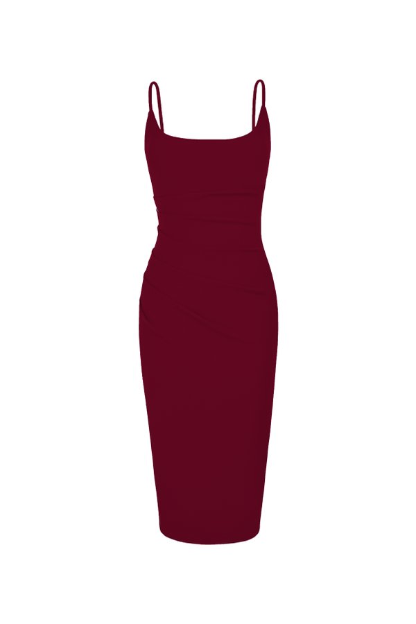 Clea Strappy wide U-neck Padded Ruched Dress in Wine Red