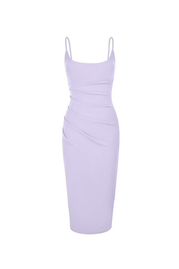 Clea Strappy wide U-neck Padded Ruched Dress in Wisteria