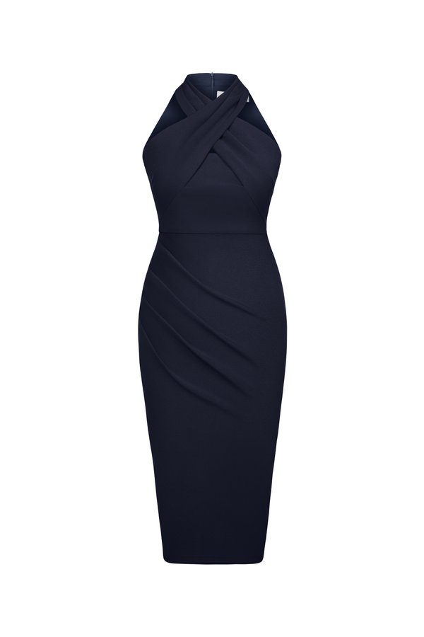 Janelle Crossover Halter Dress in Navy Blue