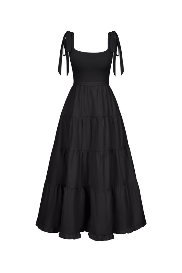 Juliette Padded Ribbon Straps Tiered Maxi Dress in Classic Black