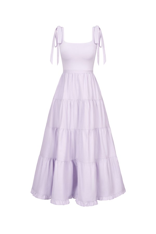 Juliette Padded Ribbon Straps Tiered Maxi Dress in French Lilac