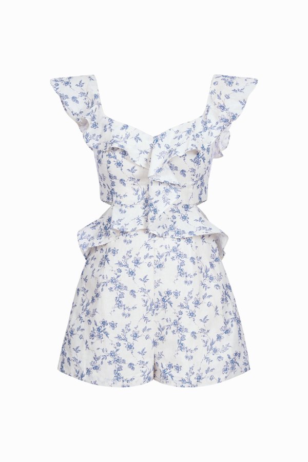 Monique Padded V-Neck Ruffle Cut-Out Romper in Trailing Blooms