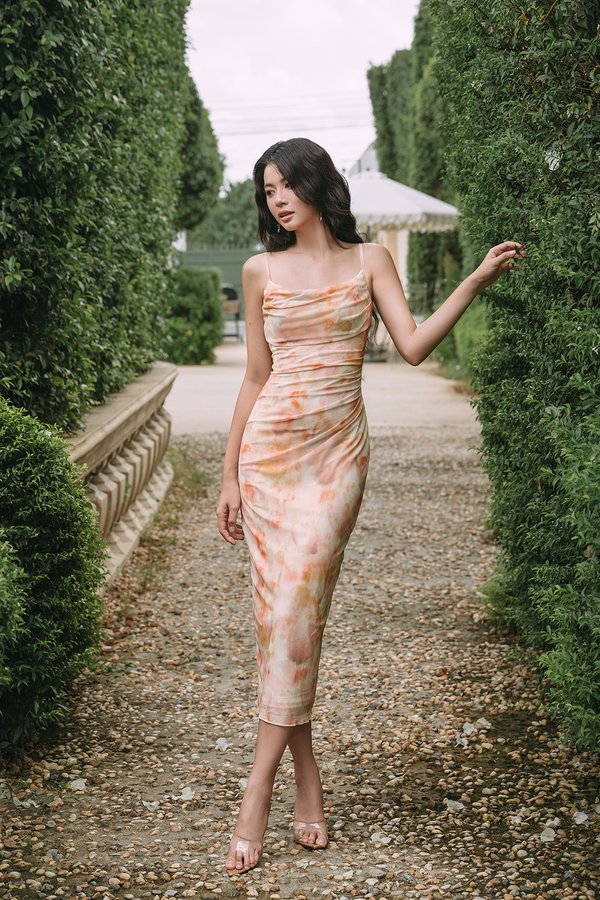 Yvette Watercolor Floral Ruched Mesh Midi Dress in Apricot Dream