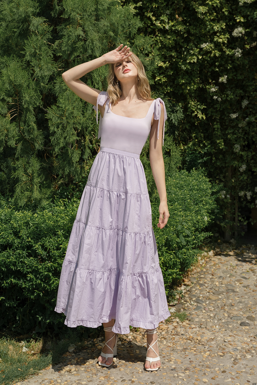 Padded Ribbon Juliette Padded Ribbon Straps Tiered Maxi Dress in French Lilac | Chello