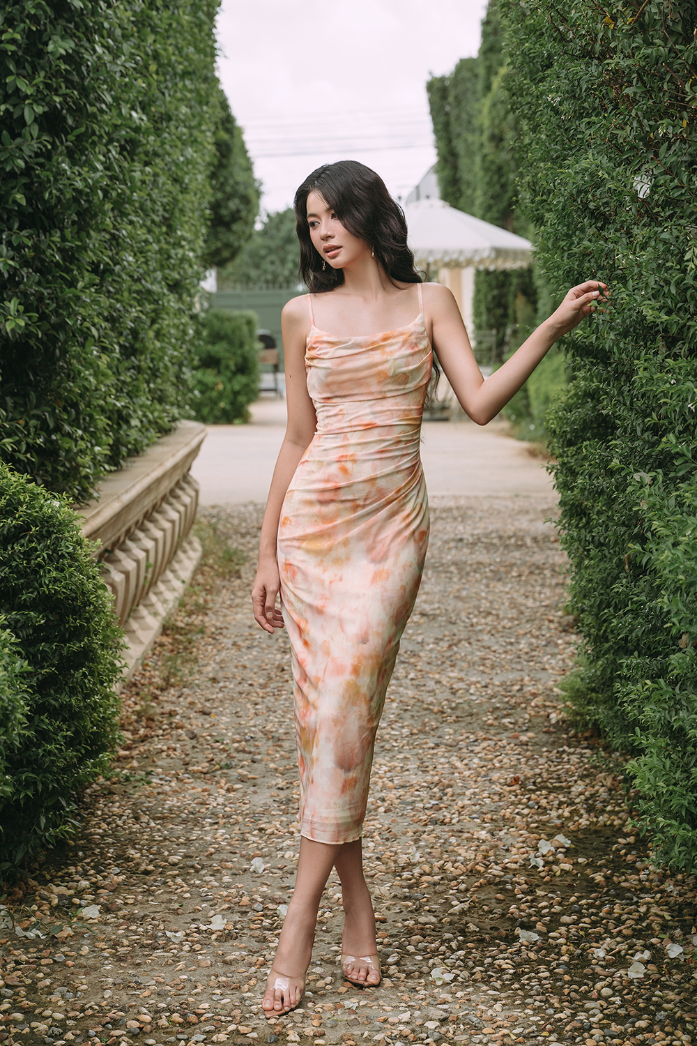 Yvette Watercolor Floral Ruched Mesh Midi Dress in Apricot Dream Chello
