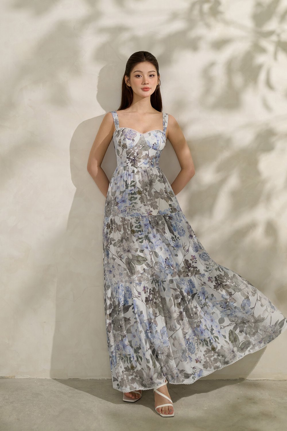 Calla Bustier Tiered Maxi Dress in Blue Enchanted Blooms