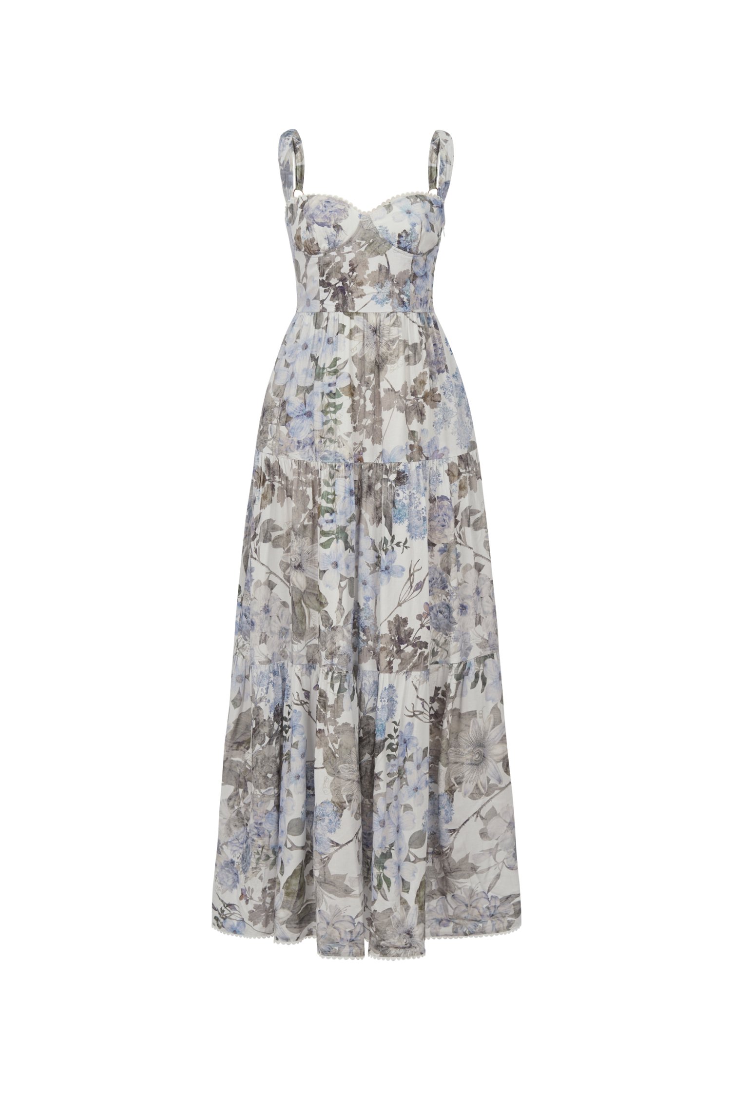 Calla Bustier Tiered Maxi Dress in Blue Enchanted Blooms