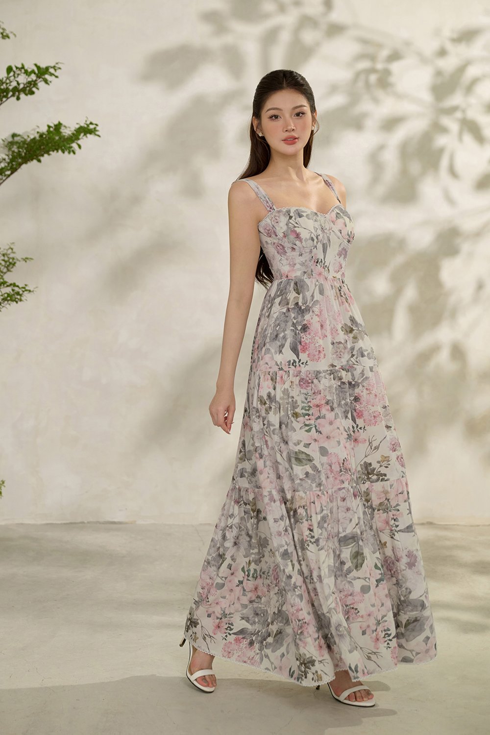 Calla Bustier Tiered Maxi Dress in Pink Enchanted Blooms