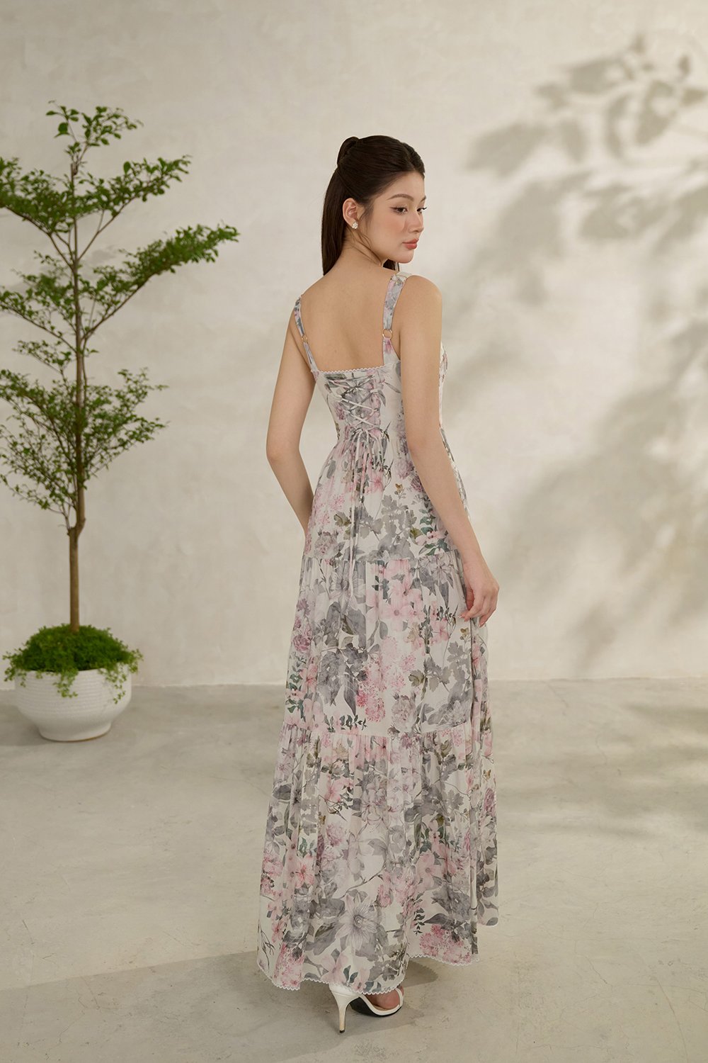 Calla Bustier Tiered Maxi Dress in Pink Enchanted Blooms