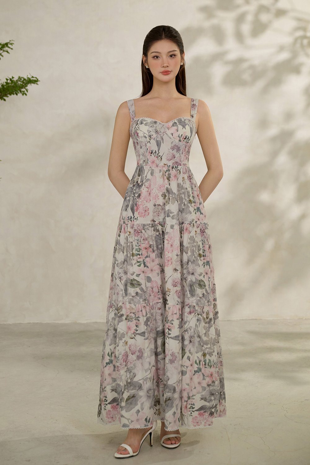 Calla Bustier Tiered Maxi Dress in Pink Enchanted Blooms