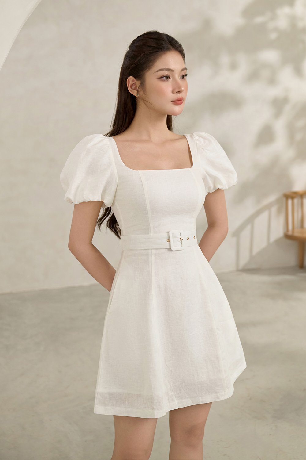 Clover Belted Mini Dress in Iconic White