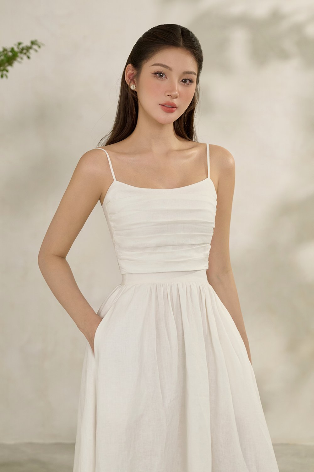 Laurel Pleated Strappy Cropped Top in Iconic White