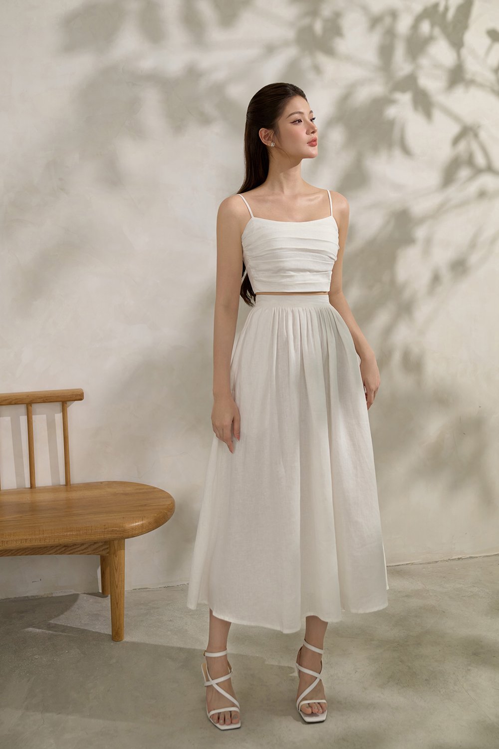 Laurel Pleated Strappy Cropped Top in Iconic White