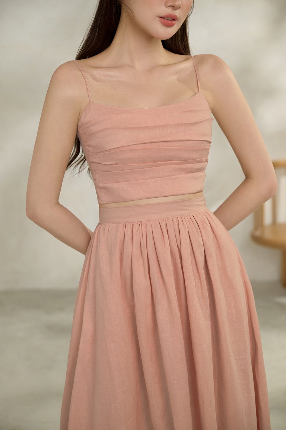 Laurel Pleated Strappy Cropped Top in Peach Parfait