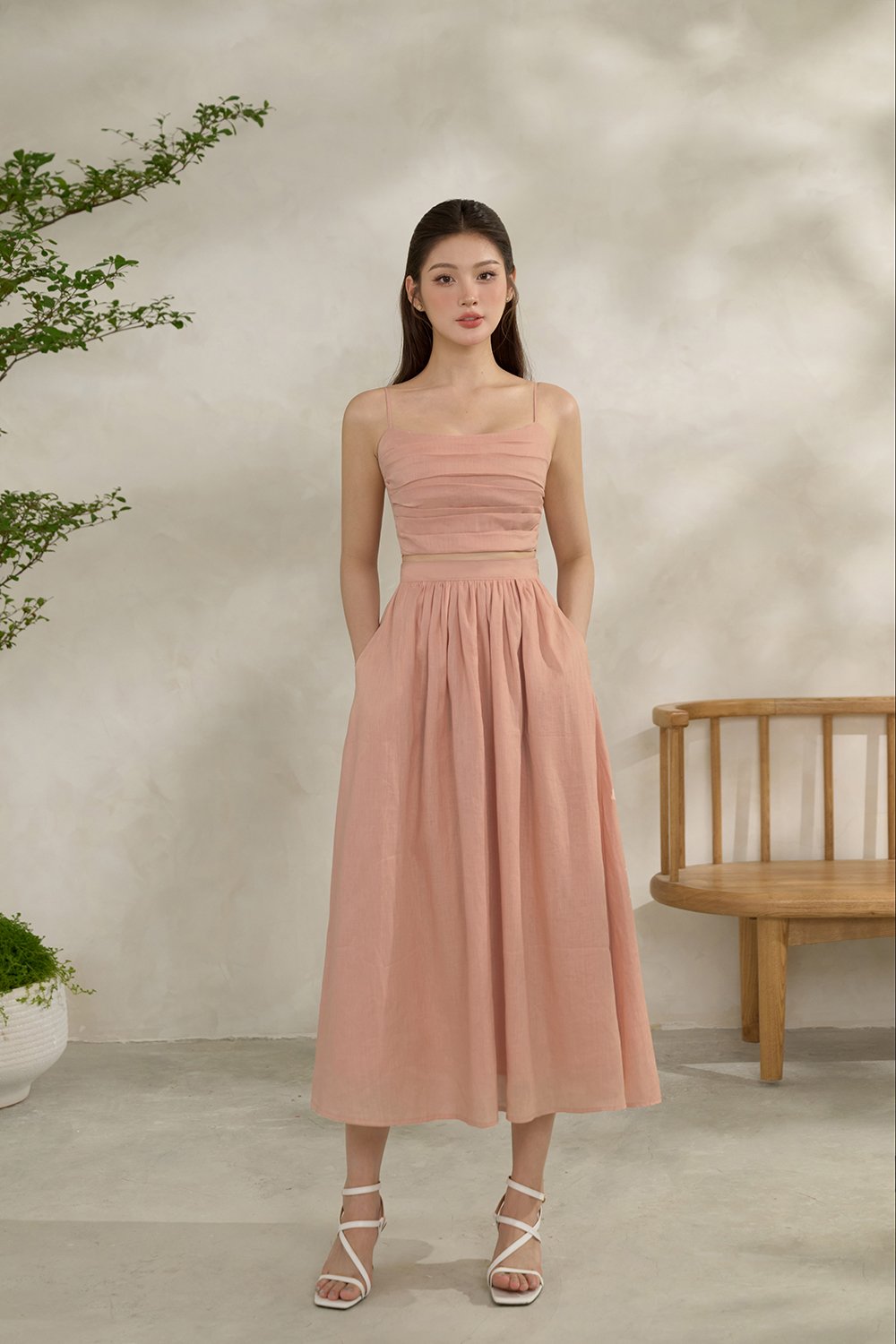 Laurel Pleated Strappy Cropped Top in Peach Parfait