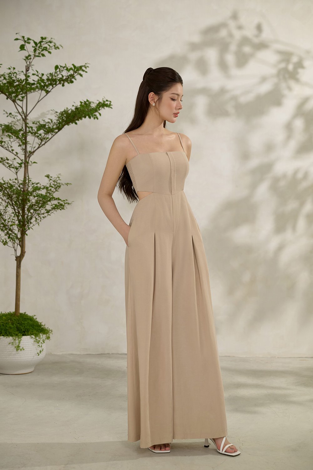 Maple Strappy Cut-Out Jumpsuit in Bisque Tan