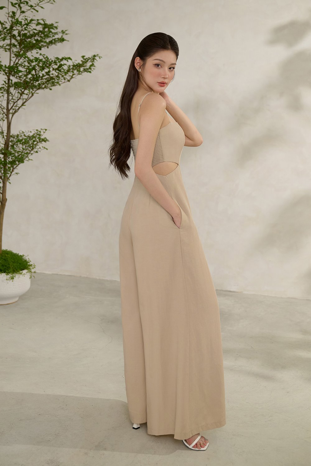 Maple Strappy Cut-Out Jumpsuit in Bisque Tan