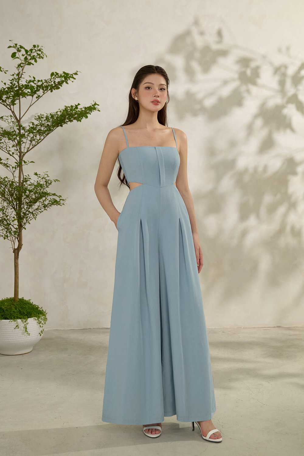 Maple Strappy Cut-Out Jumpsuit in Pewter Blue