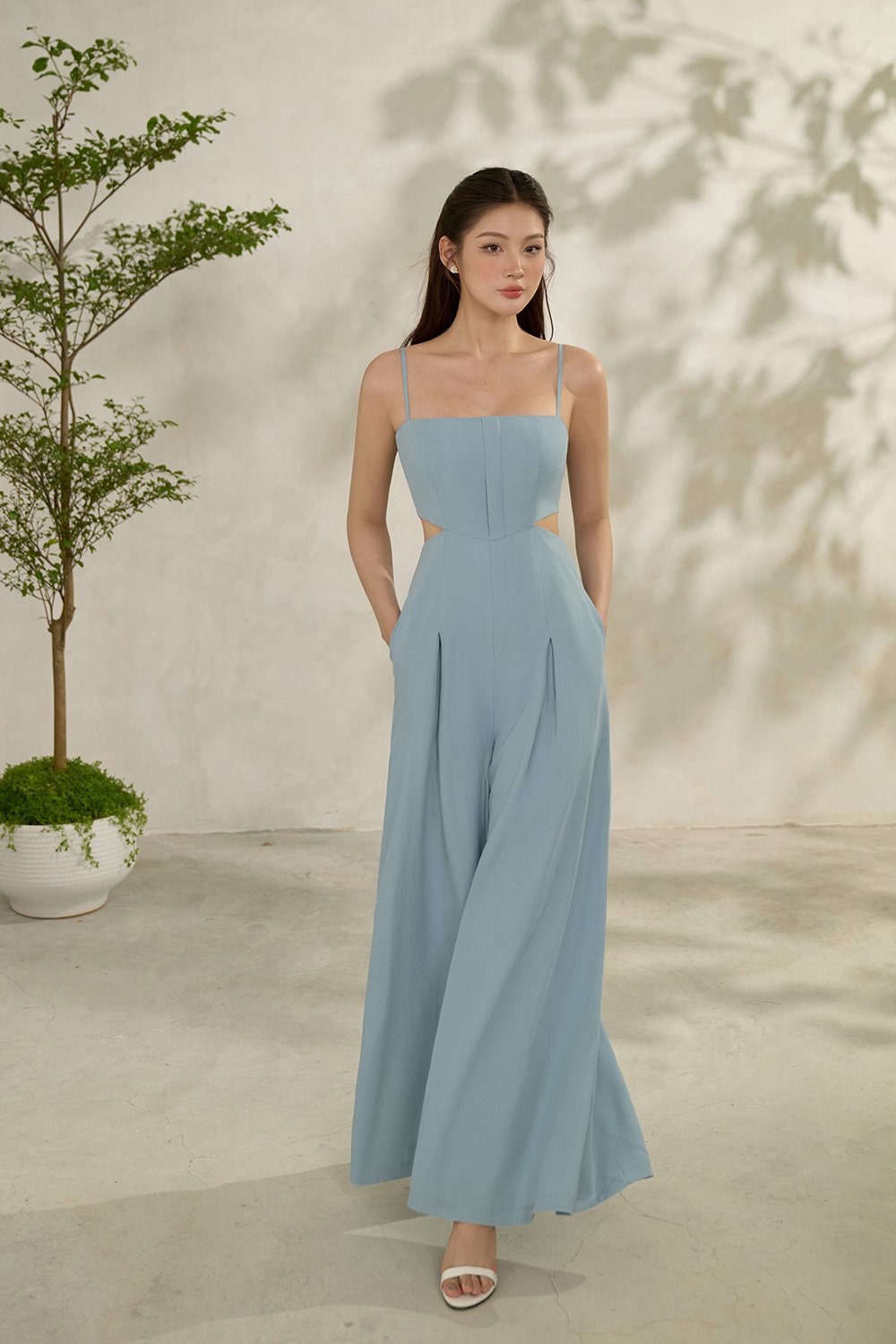 Maple Strappy Cut-Out Jumpsuit in Pewter Blue