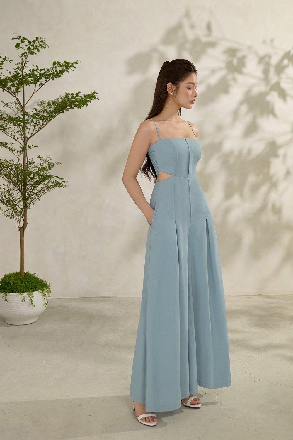 Maple Strappy Cut-Out Jumpsuit in Pewter Blue