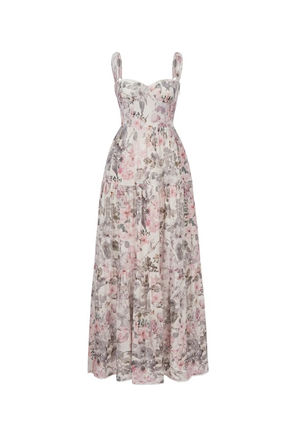 Calla Bustier Tiered Maxi Dress in Pink Enchanted Blooms