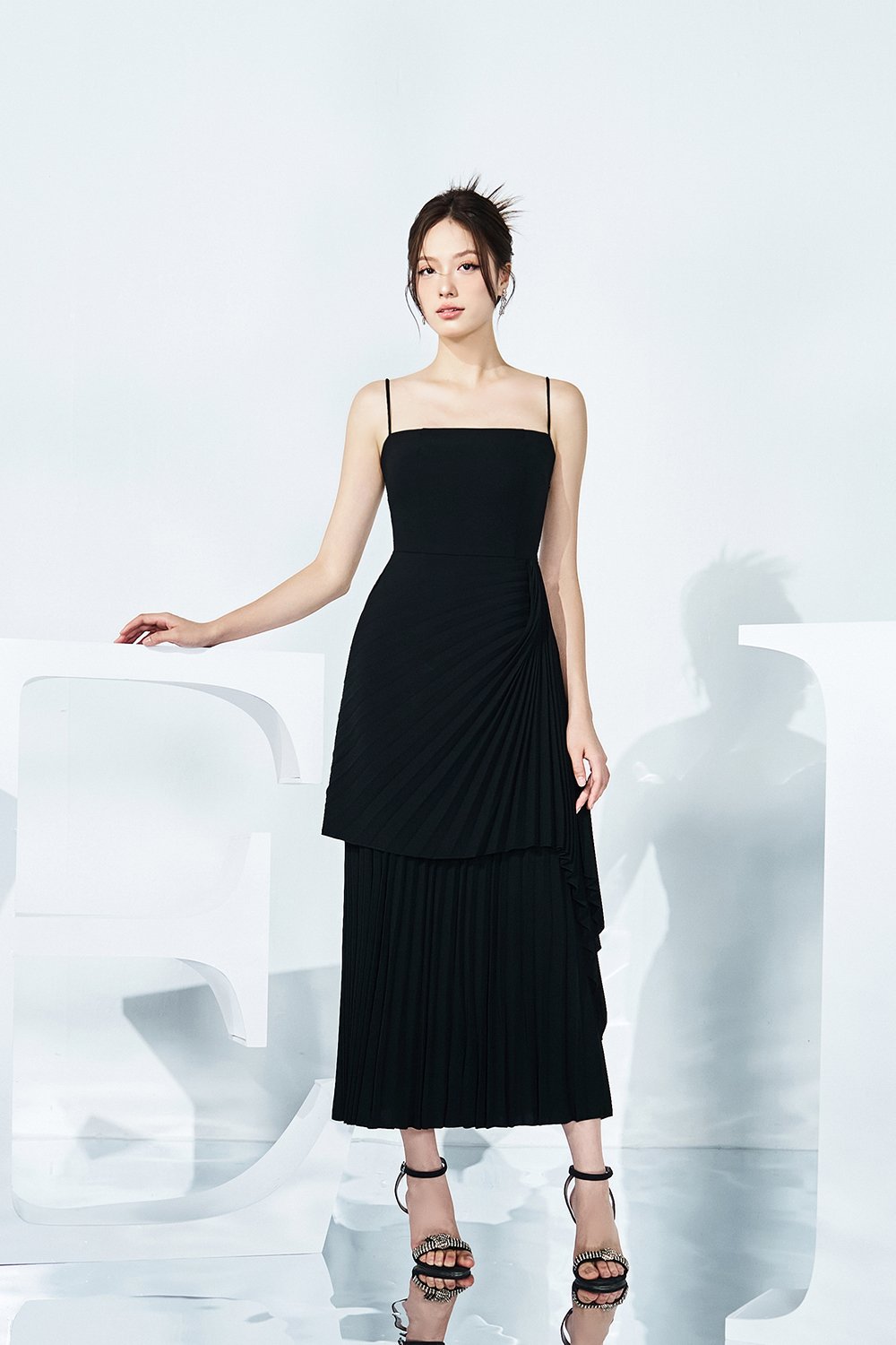 Emaline Pleated Layered Midi Dress in Classic Black